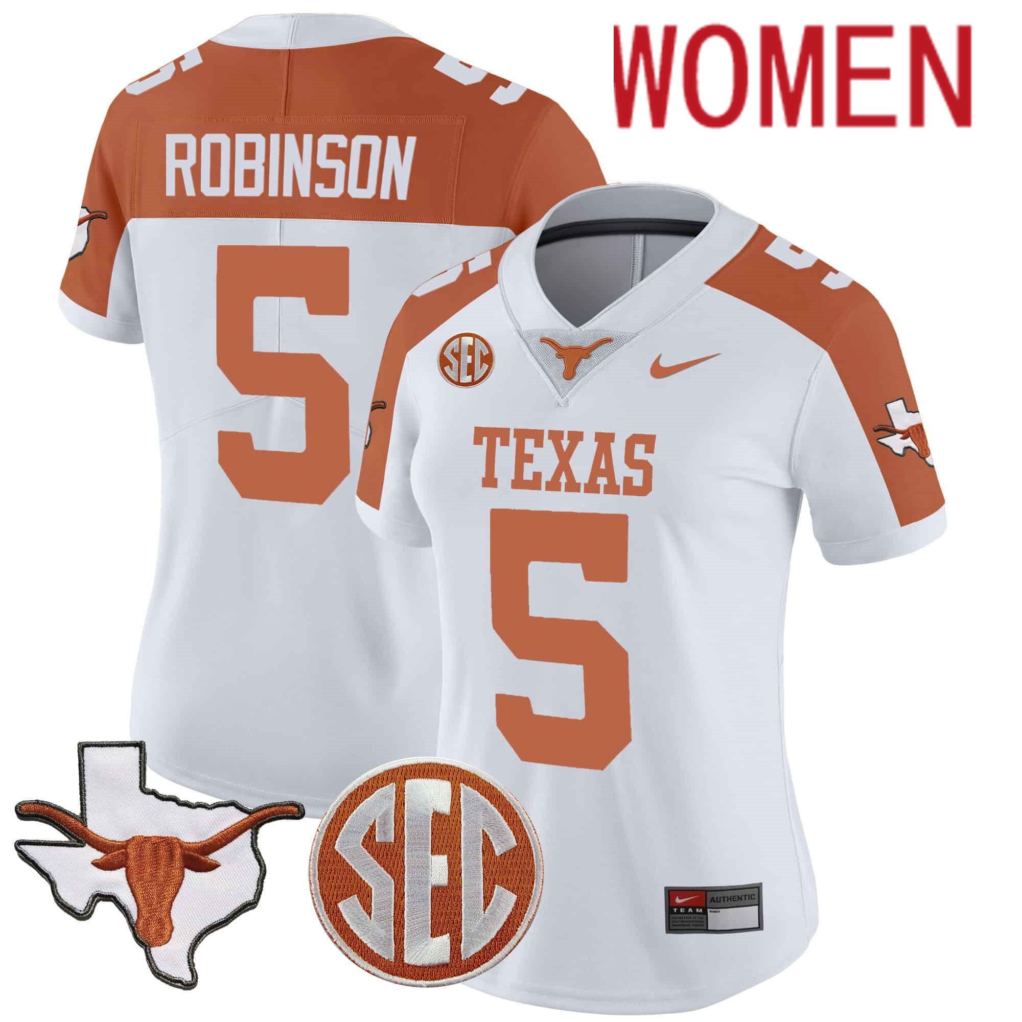 Women Texas Longhorns #5 Robinson White 2024 Nike State Map & SEC Patch Vapor NCAA Jersey style 1->women nfl jersey->Women Jersey